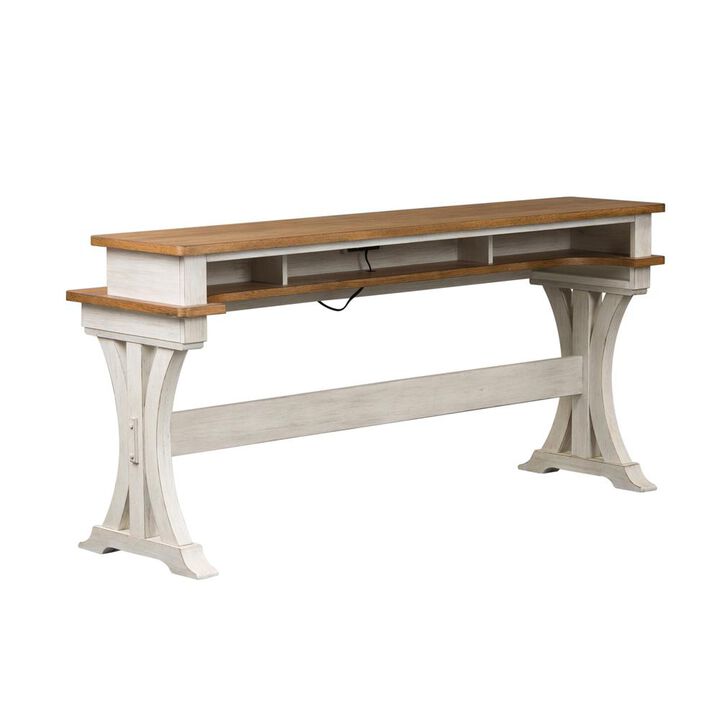 Liberty Furniture Farmhouse Reimagined Console Bar Table in Antique White w/ Chestnut Top