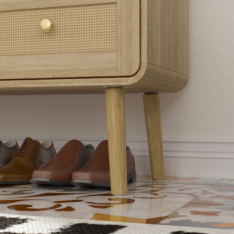 FUFU&GAGA 5-Drawer Dresser, Modern Wood Chest with Rattan Fronts, Gold Handles & Sturdy Wooden Legs, Spacious Storage Cabinet for Bedroom (31.5" W x 39.8" H x 13.9" D), Natural Wood