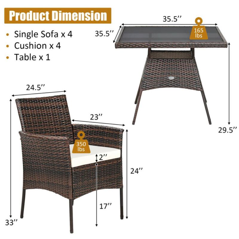 Hivvago 5-Piece Outdoor Wicker Dining Set with Tempered Glass Table and Ergonomic Armchairs