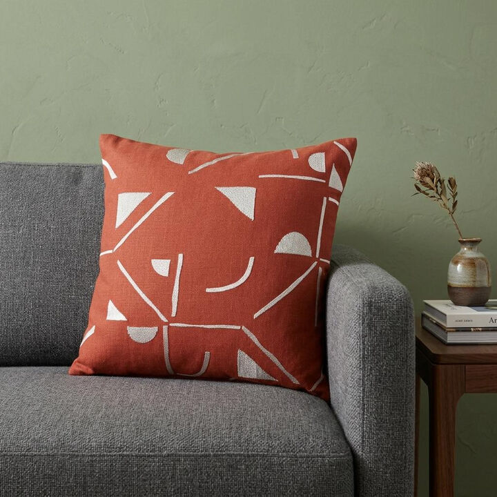 HomeRoots 24" Orange and Ivory Geometric Cotton Blend Throw Pillow  With Embroidery