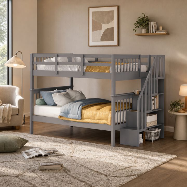 Whisen Stairway Full-Over-Full Bunk Bed with Storage, Solid Wood for Bedroom Dorm