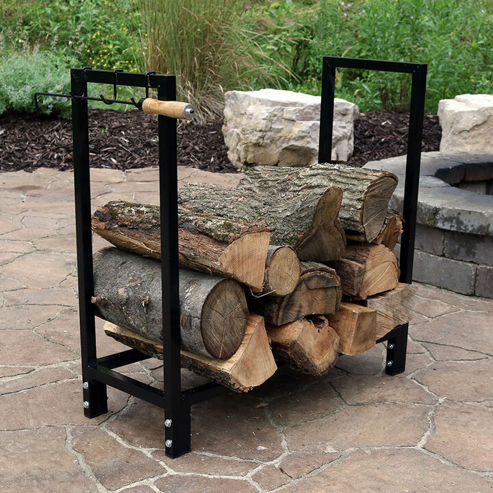 Sunnydaze 30 in Steel Firewood Log Rack with Fireplace Tool Hooks - Bronze