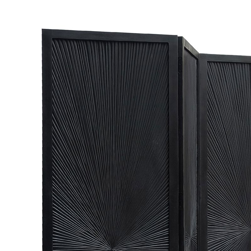 Cava 3 Panel Folding Room Divider Screen, Sunburst Design, Black Mango Wood, 72" H image number 3
