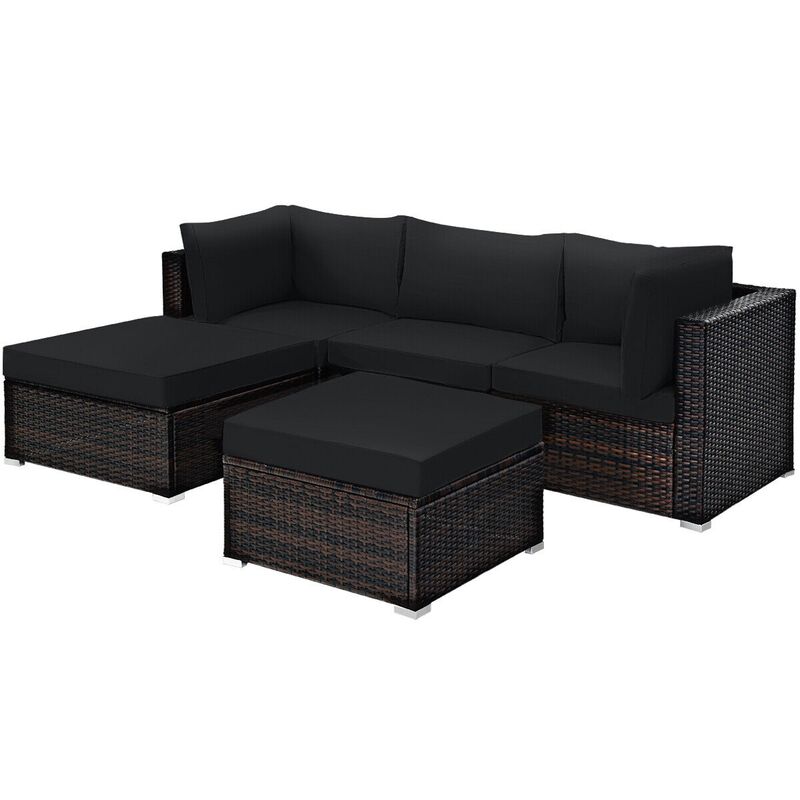 5 Pieces Patio Rattan Sofa Set with Cushion and Ottoman
