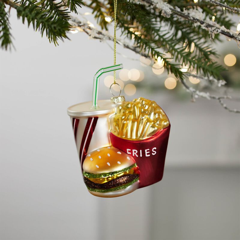 Fast Food Meal Glass Ornaments (Set of 4) – Burger and Fries Christmas Tree Hanging Decorations, Retro Holiday Style