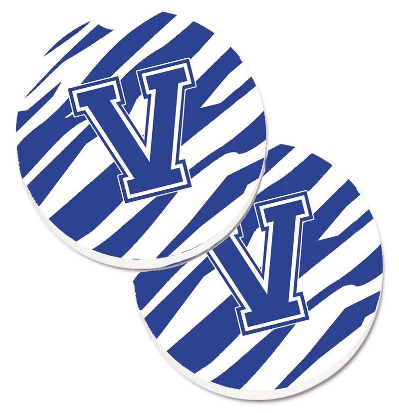 Caroline's Treasures Monogram Initial V Tiger Stripe Blue & White Set of 2 Cup Holder Car Coasters CJ1034-VCARC, 2.56, Multicolor
