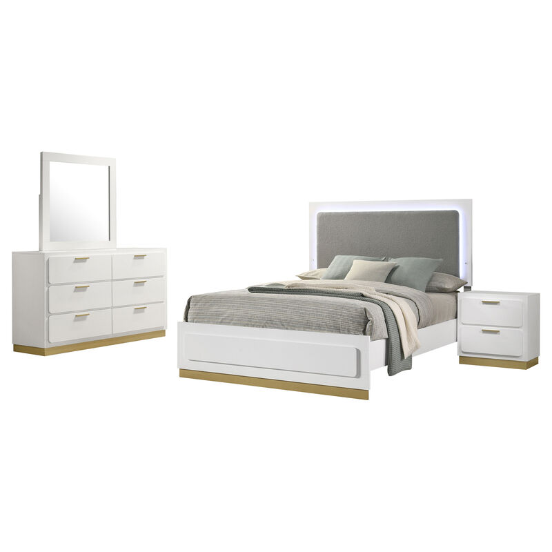 Caer 4pc Queen Bedroom Set in White, Gold Accents, Gray Upholstery