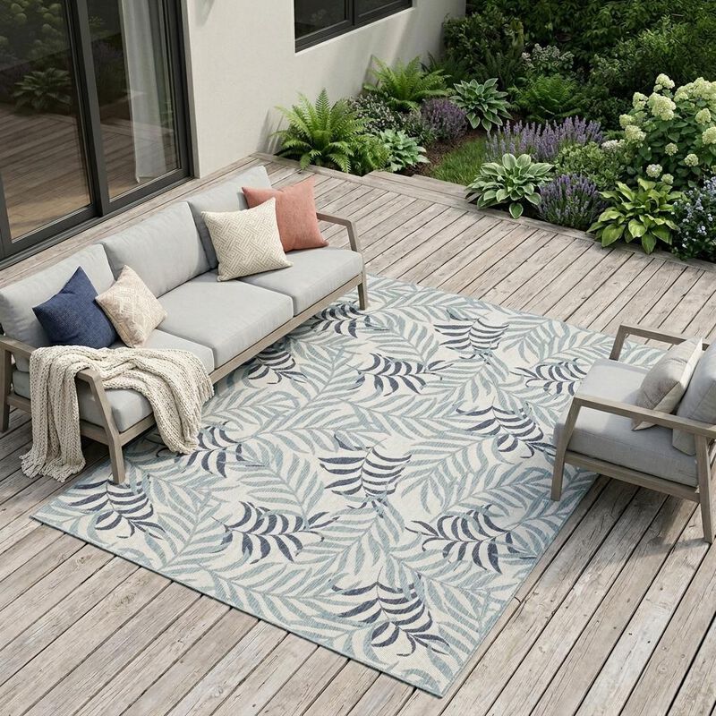 HomeRoots 8' X 10' Ivory Sky Blue And Blue Palm Leaf Indoor Outdoor Area Rug image number 1