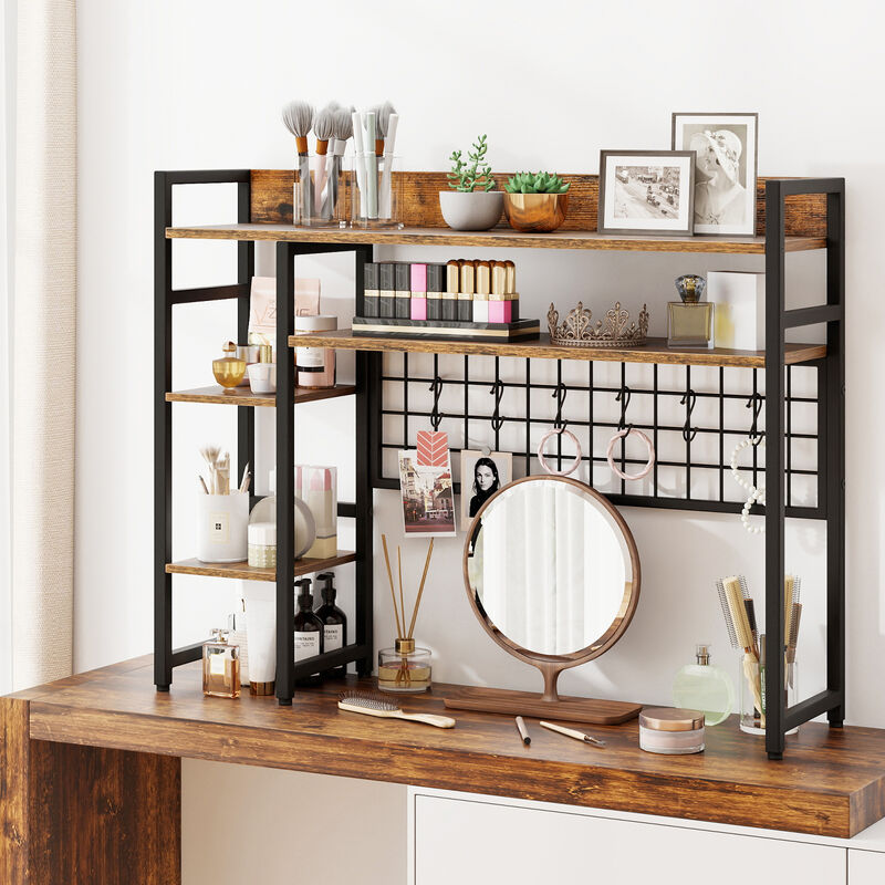 4-Tier Office Desk Shelf with Metal Grid Panel and Multiple Hooks image number 5