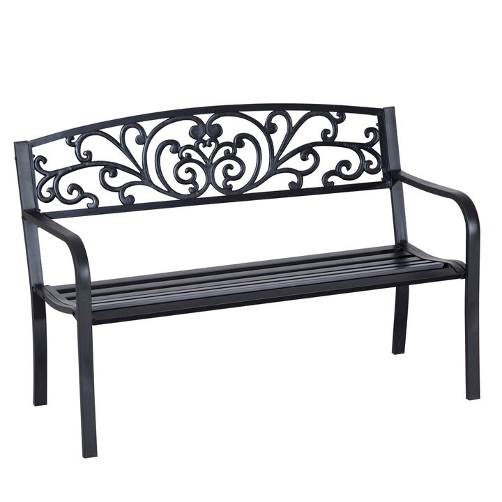 Ornate Outdoor Seating: 50" Black Metal Garden Bench with Floral Design