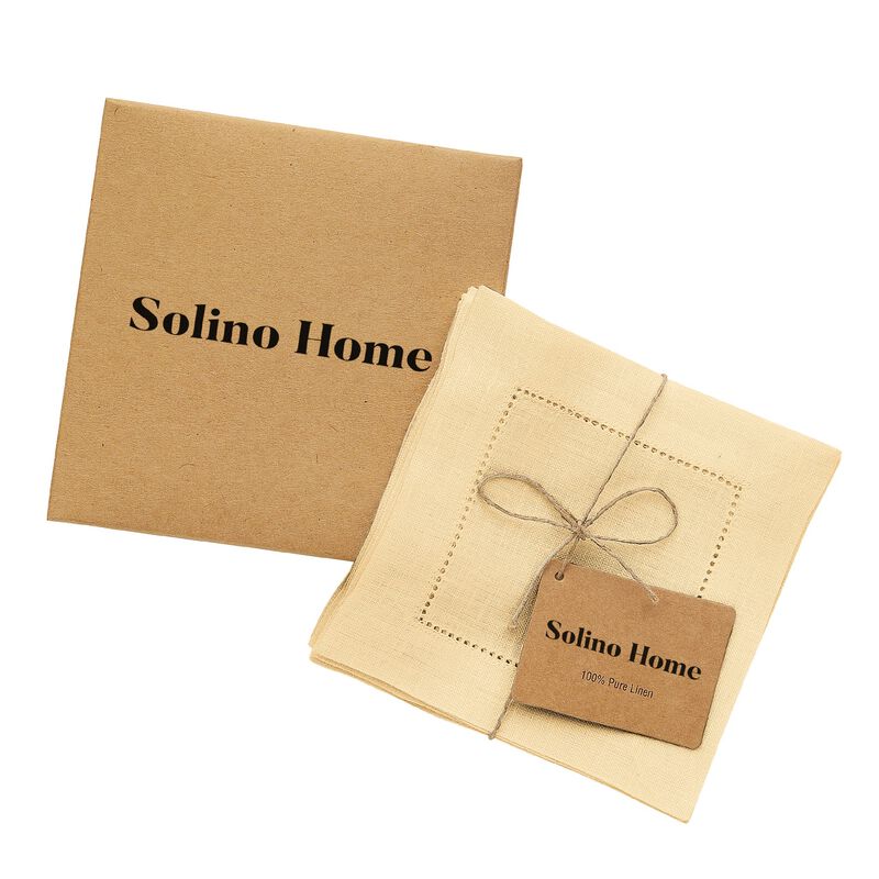 Solino Home 100% Pure Linen Cocktail Napkins 6 x 6 Inch Set of 12 - Classic Hemstitch