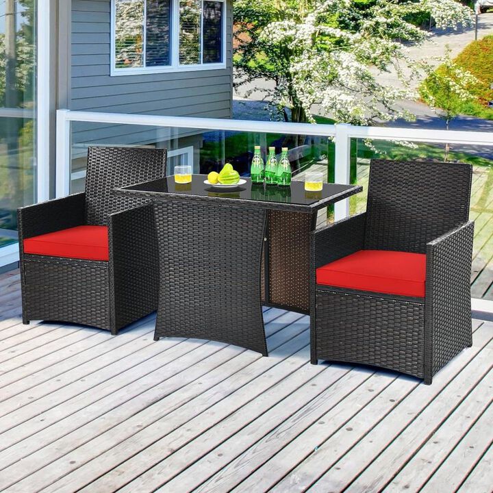Hivvago 3-Piece Patio Furniture Outdoor Dining Set in Brown PE Rattan with Red Cushions