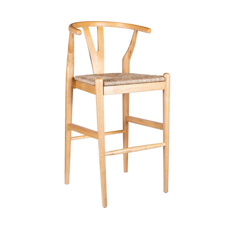Cera Wishbone Barstool Chair, Handwoven Rope Seat, Natural Brown Wood