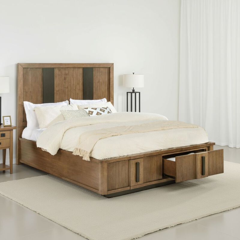 Reon Queen Platform Bed w 2 Storage Drawers, Reeded Ash Brown Black - Benzara