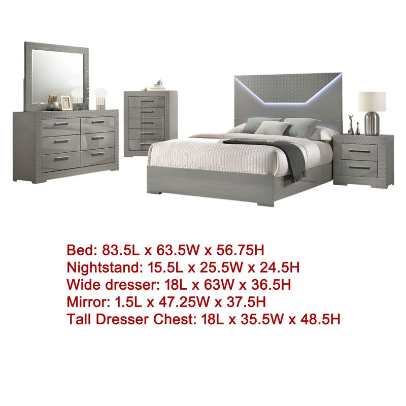 Ivon 5pc Queen Bedroom Set, Diamond Embossed, Gray High Gloss, LED