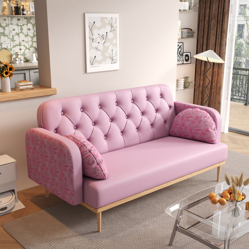 Loveseat sofa with tulip pattern Modern Upholstered Two Seater PU Sofa with 2 dumpling-shaped throw pillows with tulip patterns