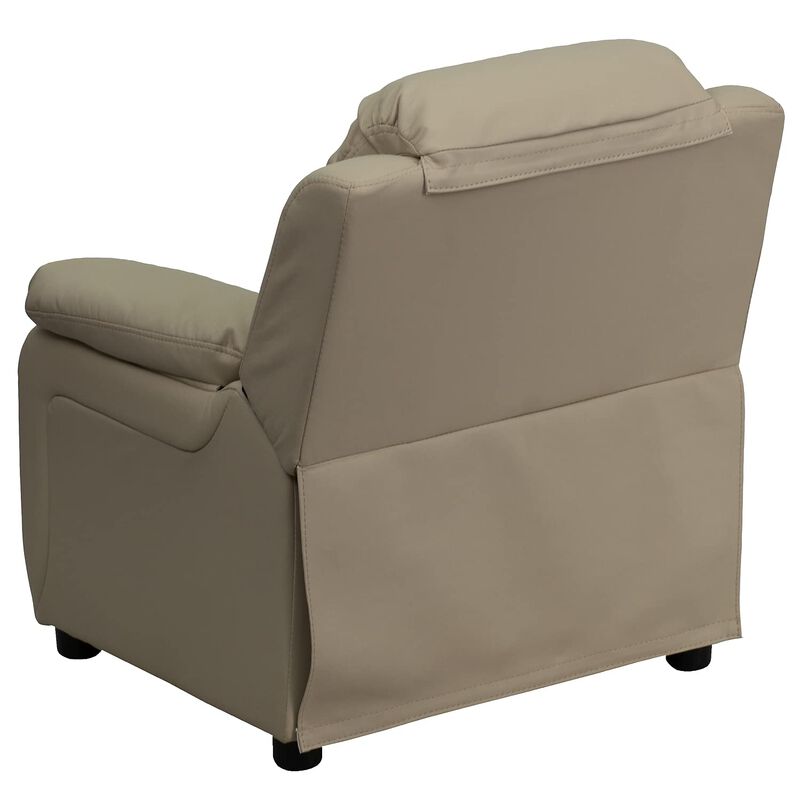 Flash Furniture Charlie Vinyl Kids Recliner with Flip-Up Storage Arms and Safety Recline, Contemporary Reclining Chair for Kids, Supports up to 90 lbs., Beige