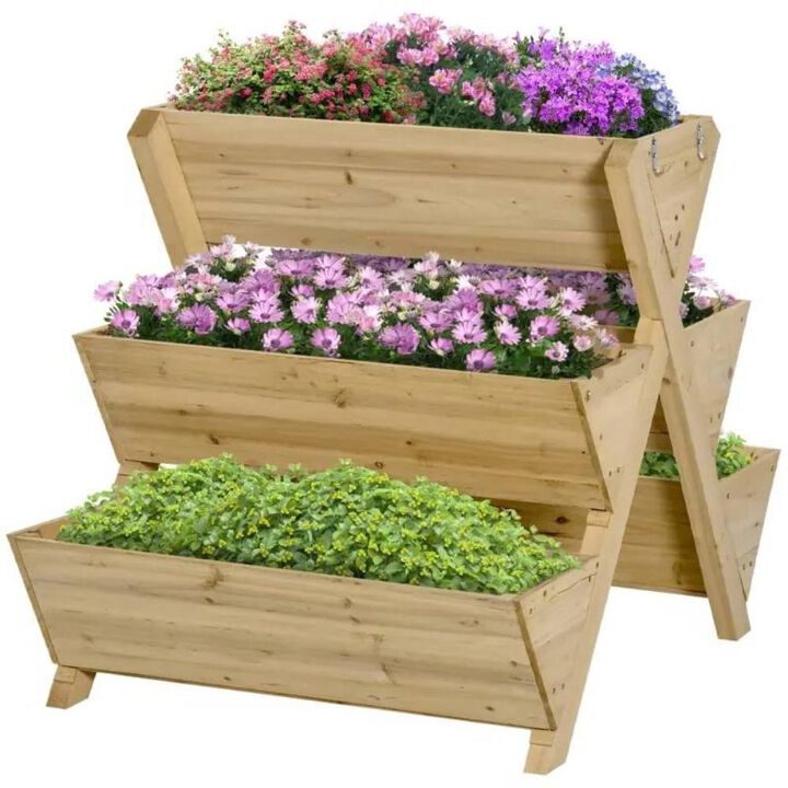 Hivvago 3-Tier Outdoor Fir Wood Elevated Planter Herb Flower Box Raised Garden Bed