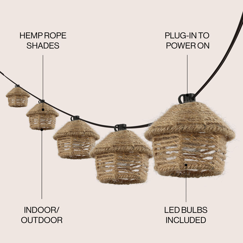 Maui Light Indoor/Outdoor Mid-Century Vintage Incandescent G40 Tiki Hut Hemp Rope Shaded String Lights