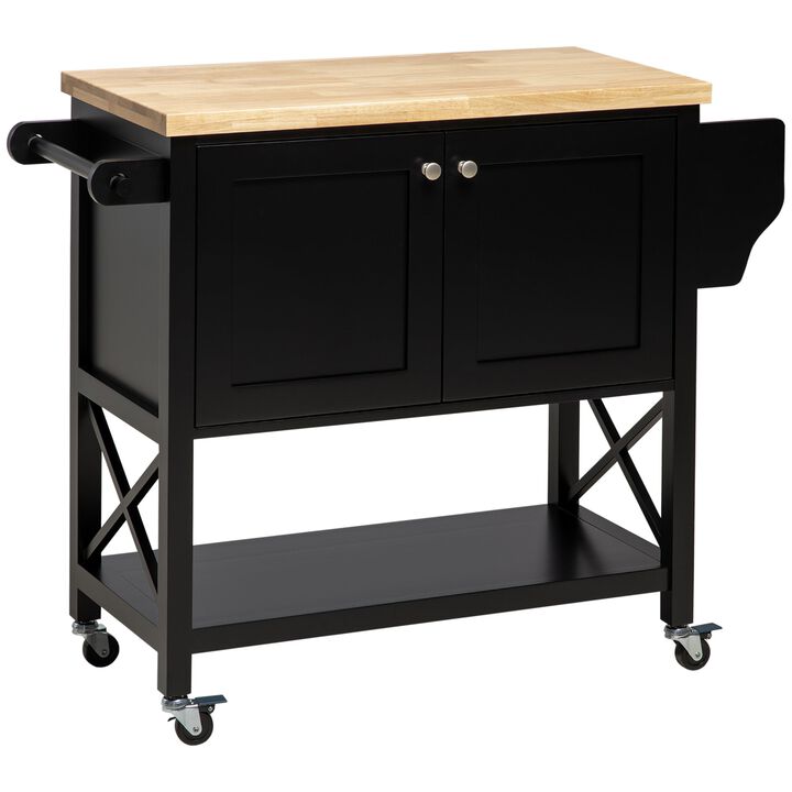 Rolling Kitchen Island Cart with Rubberwood Top and Storage, Black