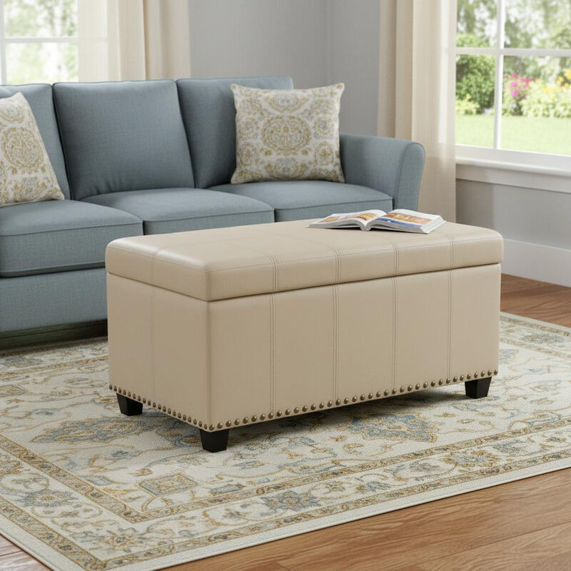 HomeRoots 33" Brown and Espresso Faux Leather and Solid Wood Upholstered Storage Bench With Flip Top image number 1