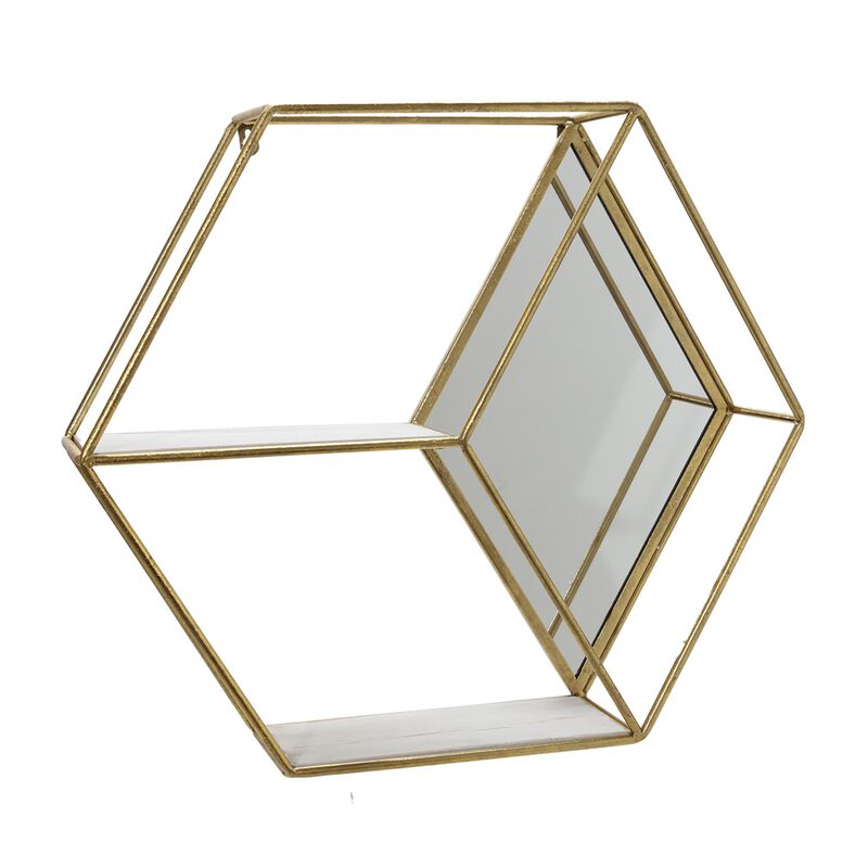 Hexagonal Shaped Metal Wall Shelf with 2 Display Cases, Gold and White - Benzara