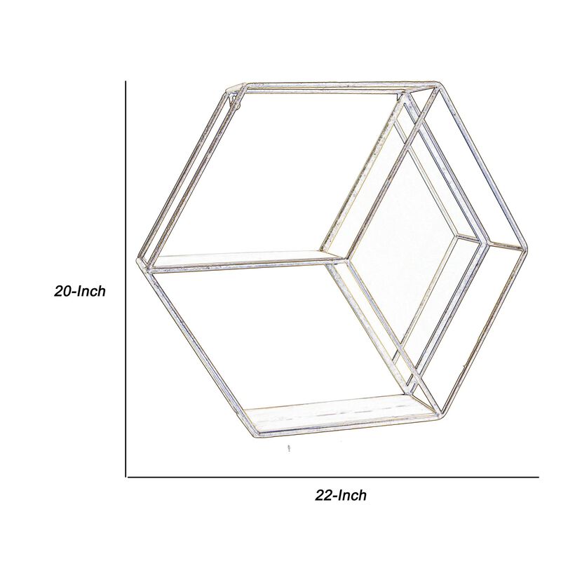Hexagonal Shaped Metal Wall Shelf with 2 Display Cases, Gold and White - Benzara