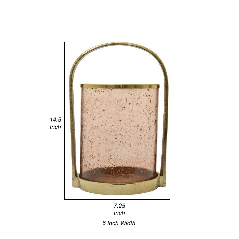 Davi 15 Inch Tabletop Lantern, Glass Cylindrical Shaped Body, Gold Metal - Benzara