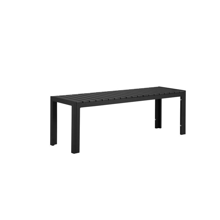 Theo 53 Inch Outdoor Bench, Black Aluminum Frame, Plank Style Seat Surface-Benzara