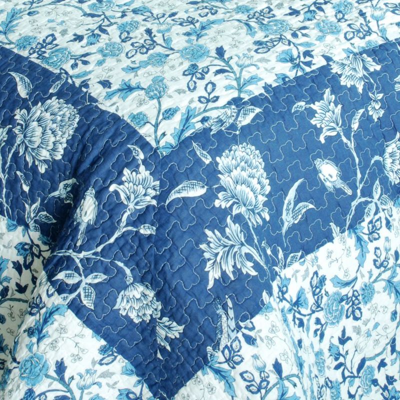 Queen Size Cotton 3-Piece Vermicelli Quilted Printed Quilt Set with Matching Shams - Blue image number 4