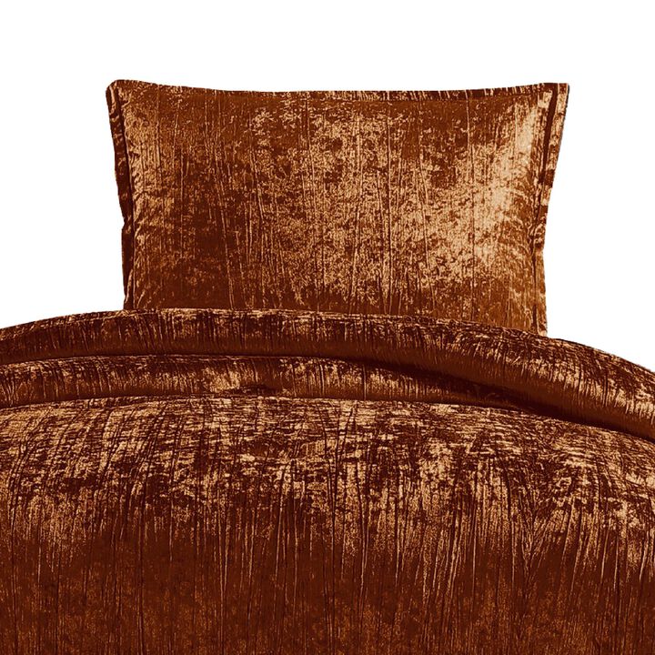 Jay 2 Piece Twin Comforter Set, Copper Polyester Velvet Deluxe Texture - Benzara