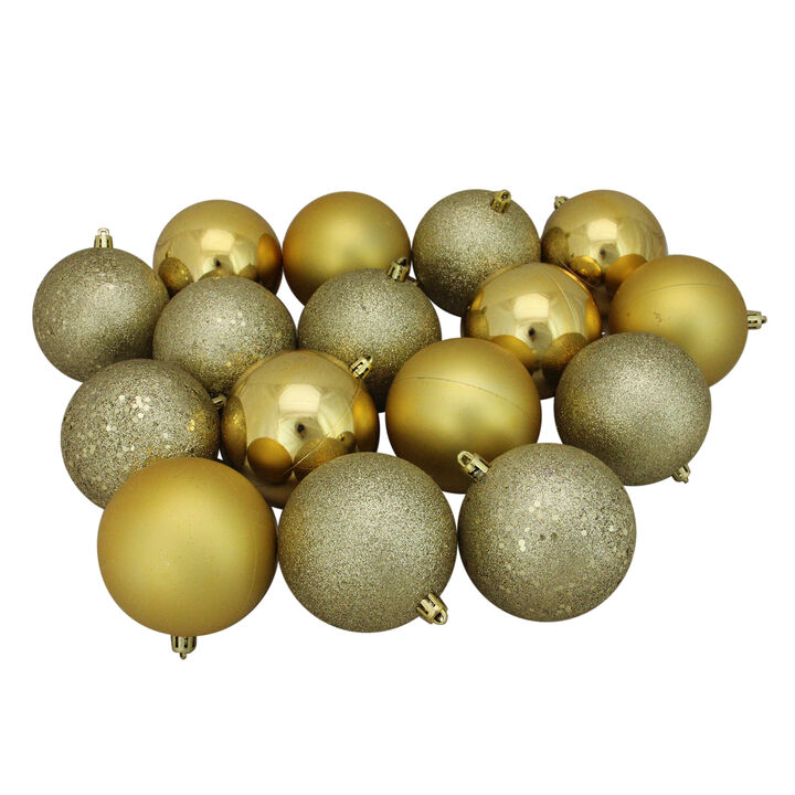 16ct Vegas Gold Shatterproof 4-Finish Christmas Ball Ornaments 3" (75mm)
