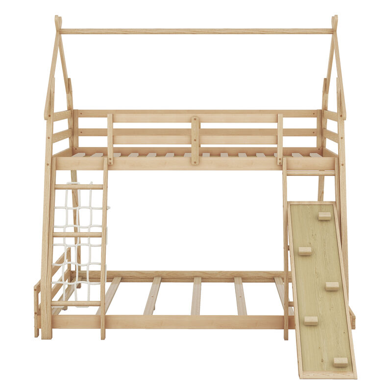 Whisen Twin over Queen House Bunk Bed with Climbing Nets and Climbing Ramp
