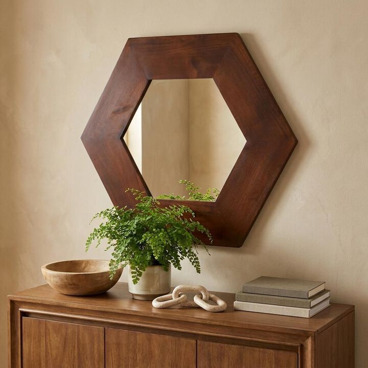 HomeRoots 19" Dark Brown Hexagon Solid Wood Framed Accent Mirror