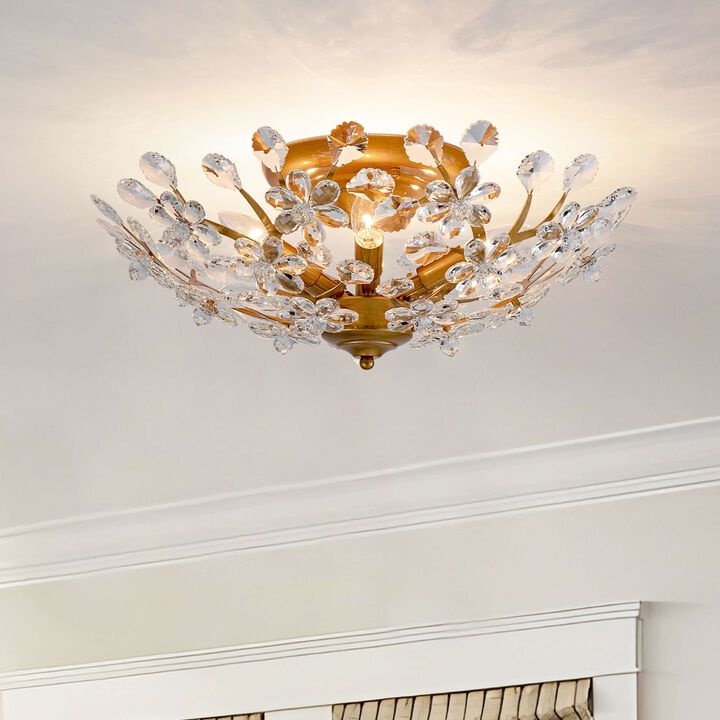 Juan 5-light Crystal Glass Flowers Blooms Flush Mount - Medium‑gloss Brushed Brass Finish
