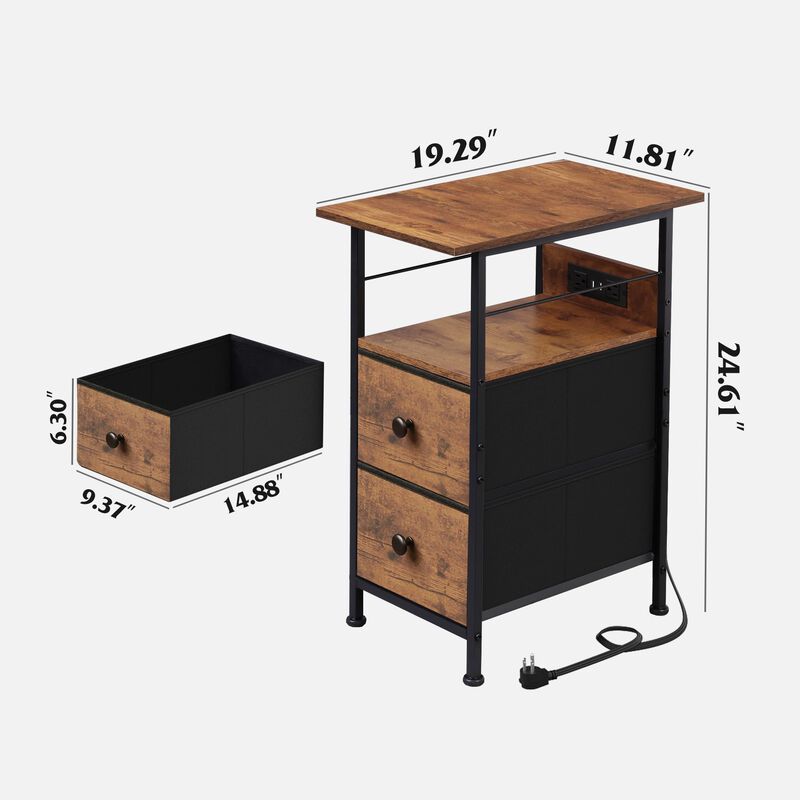 WLIVE Narrow Side Table with Charging Station, End Table with LED Lights,2 Fabric Drawers and Open Shelf, Bed Side Tables Living