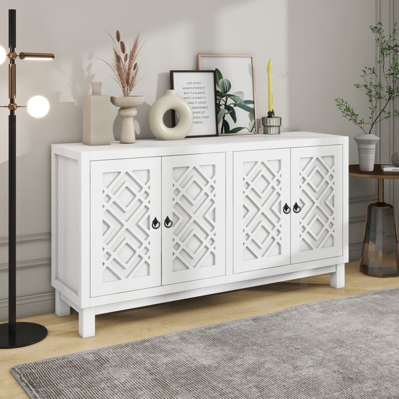 Large Storage Space Sideboard, 4 Door Buffet Cabinet with Pull Ring Handles for Living Room, Dining Room (Light Gray)