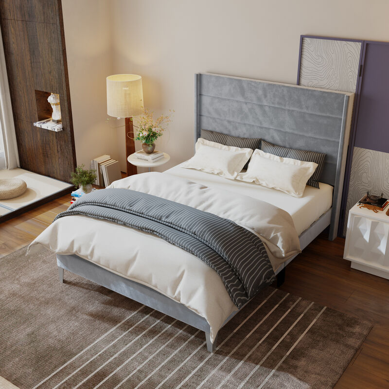 FUFU&GAGA Gray Upholstered Platform Bed with Padded Headboard, Reinforced Slat Support & Elevated Legs, Queen Size Bed Frame (83.5 in. L x 63.8 in. W x 55.3 in. H)