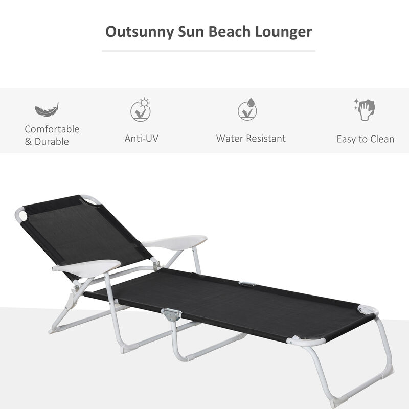 Outsunny Folding Chaise Lounge, Outdoor Sun Tanning Chair, 4-Position Reclining Back, Armrests, Metal Frame and Mesh Fabric for Beach, Yard, Patio, Black