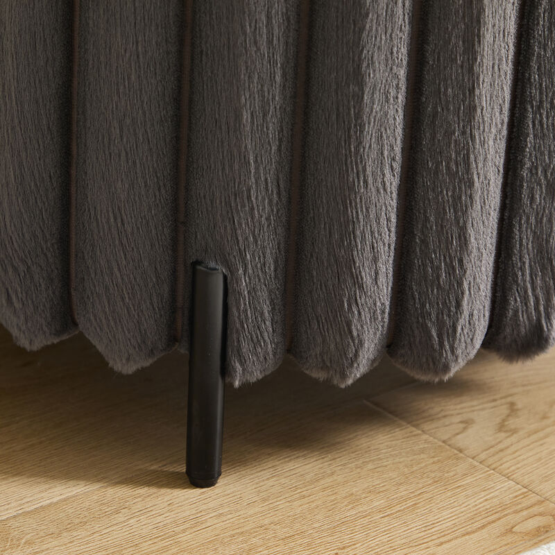 22" Wide Upholstered Round Pouf Ottoman Foot Rest with Black Metal Legs,Faux Fur Footstool for Living Room Bedroom Entryway