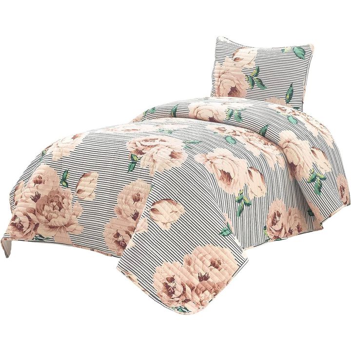 Floral Striped Polyester Quilt Set – 2-Piece Rose Pattern Bedding