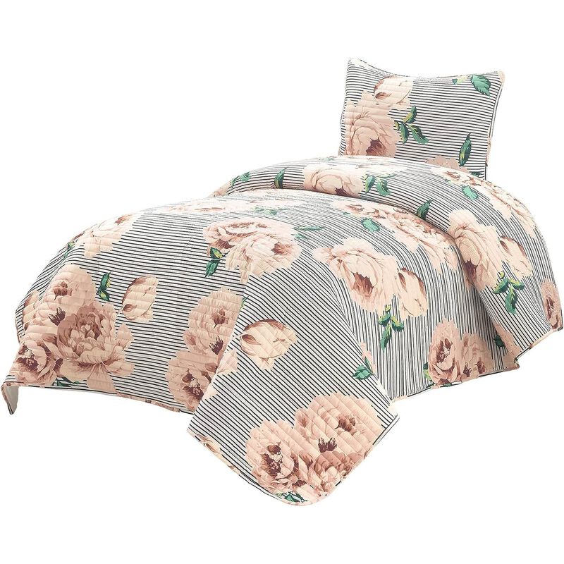 Floral Striped Polyester Quilt Set – 2-Piece Rose Pattern Bedding