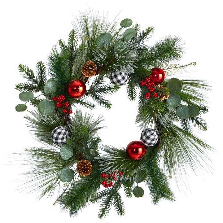 HomPlanti 24" Berry and Pinecone Artificial Christmas Wreath with Ornaments