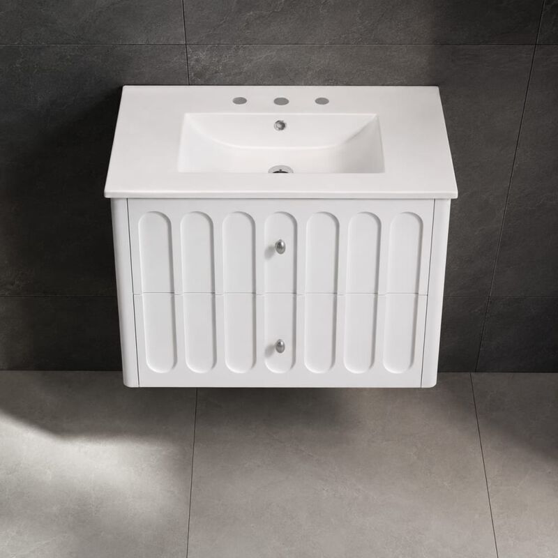 ELEMENT ACE 30 Inch Modern Wall-Mounted Floating Bathroom Vanity with Ceramic Sink, Soft-Close Drawers, Round Edges, Oval Knobs Ideal for Small Compact Bathrooms image number 2