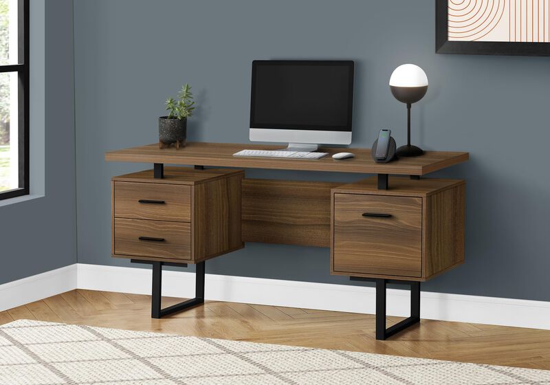 Monarch Specialties I 7625 Computer Desk, Home Office, Laptop, Left, Right Set-up, Storage Drawers, 60" L, Work, Metal, Laminate, Walnut, Black, Contemporary image number 1