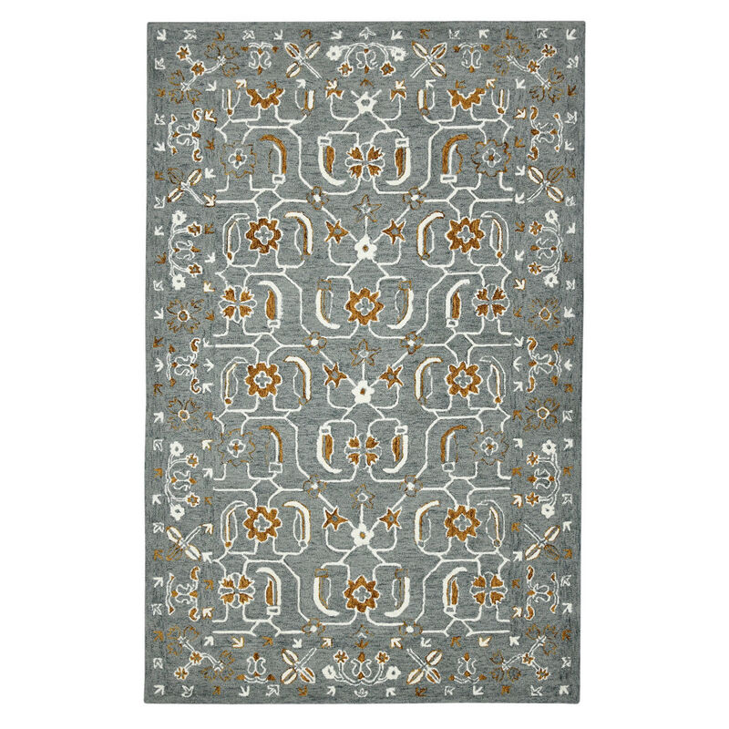 HomeRoots 2' X 3' Orange Gray And Ivory Wool Floral Medallion Hand Hooked Area Rug image number 2
