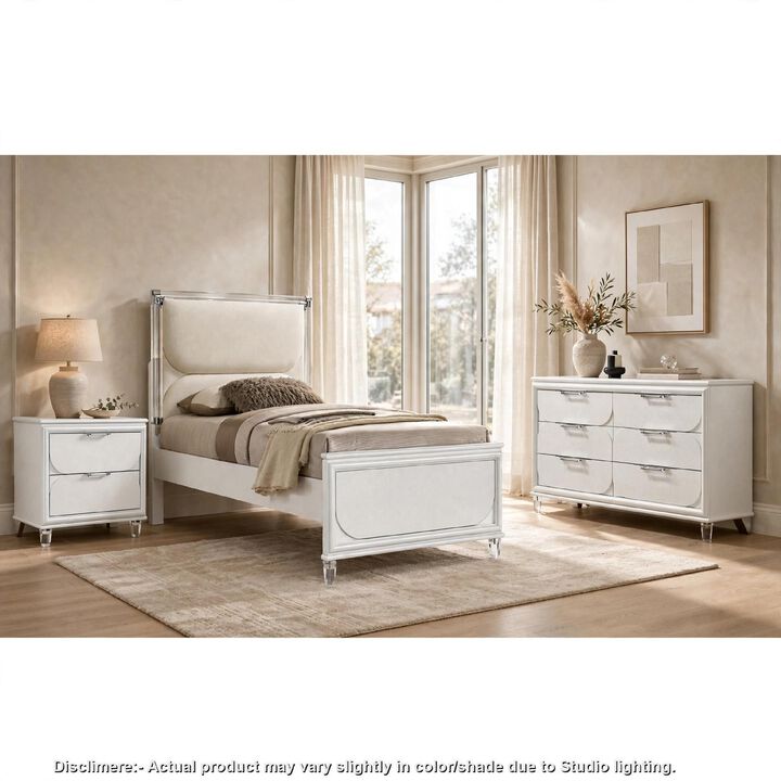 Full Bedroom Set, Pearl White and Clear, 3 Piece Set with Dresser and Nightstand