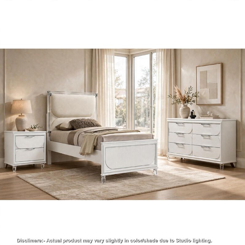 Full Bedroom Set, Pearl White and Clear, 3 Piece Set with Dresser and Nightstand image number 1