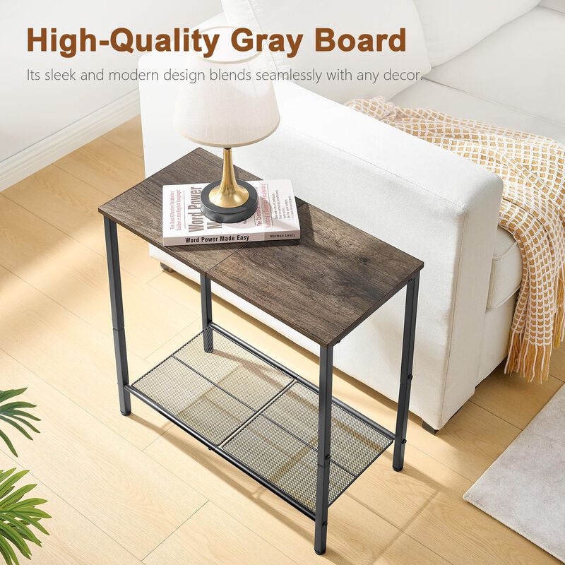 Hoctieon 2 Tier End Table, Sofa Side Table, Narrow Side Table with Storage, Slim Nightstand for Small Spaces, Metal Frame, for L