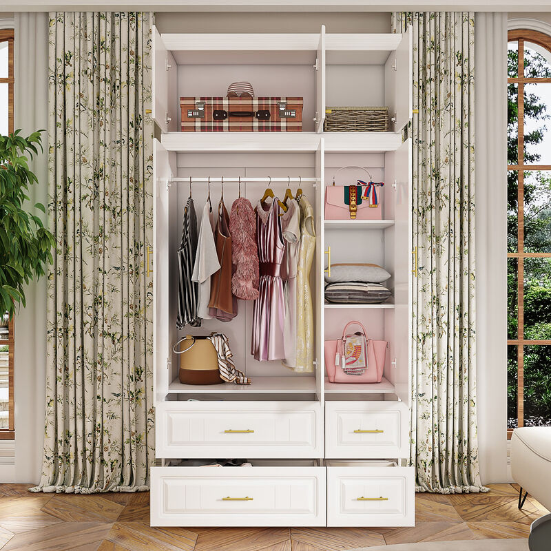 White 6-Door Big Wardrobe Armoires with Hanging Rod, 4-Drawers, Storage Shelves 93.7 in. H x 47.2 in. W x 20.6 in. D